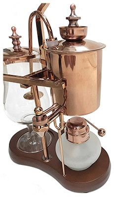 Nispira Syphon Coffee Maker in copper with a wood base, brewing flask, vacuum flask, siphon, and spirit lamp