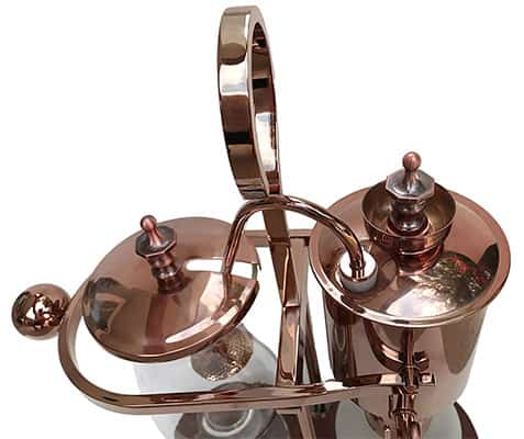 Nispira Belgian Balance Syphon in bronze with a counterweight, siphon, and the covers of the brewing & vacuum flask