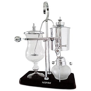 Nispira Belgian Balance Syphon Coffee Maker in silver and with black wood base