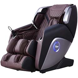 Titan Elite 3D massage chair with brown PU upholstery, black and silver exterior, and two remote holders