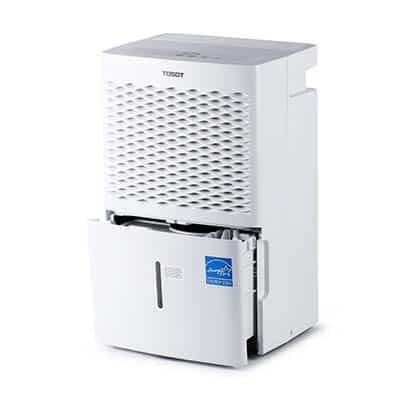 Tosot 70 Pint Dehumidifier with white exterior frame and a semi-open drain bucket