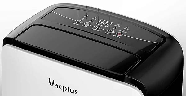 Vacplus 30 Pints Dehumidifier with a small display and soft buttons at the top of the unit
