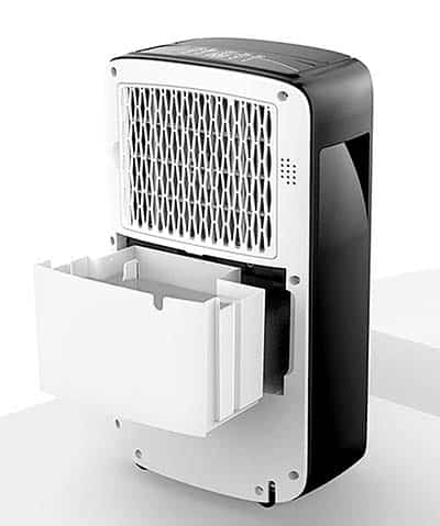 Vacplus 30 Pints Dehumidifier with black & white exterior, grille at the back, and an open water bucket