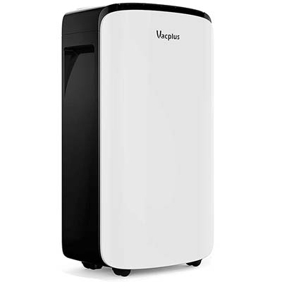 Vacplus 30 Pints Dehumidifier with black and white exterior, caster wheels, & only the brand name in front