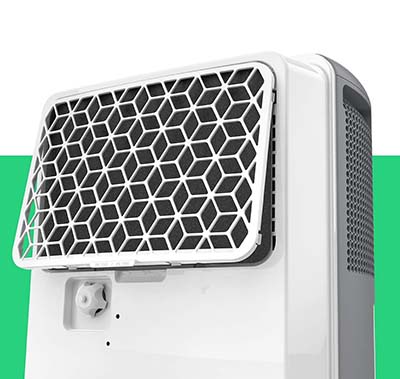 Vremi 50 Pint Dehumidifier with a semi-open grille at the back to access the filter & a small drainage valve under the grille