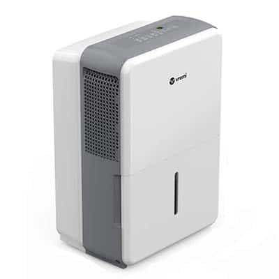 Vremi 50 Pint Dehumidifier with white and light gray exterior, small grille on the side, and controls at the top