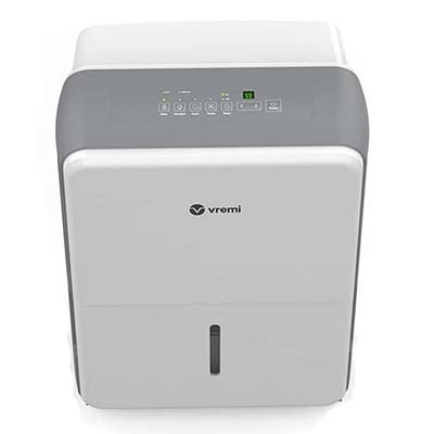 Vremi 50 Pint Dehumidifier with white and light gray exterior, a small display and soft buttons at the top