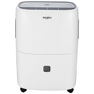 Whirlpool 40 Pint Dehumidifier with pump, white and gray exterior, control panel on top, and black casters