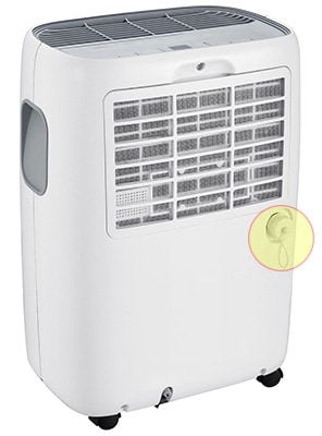 Whirlpool Dehumidifier with white exterior, black caster wheels, and drainage valve highlighted in a yellow circle