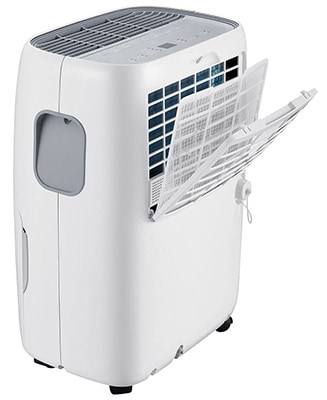 Whirlpool 50 Pint Dehumidifier with white exterior, gray grille on top, and a reusable filter at the back