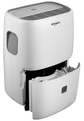 Whirlpool 50 Pint Dehumidifier with gray grille on top and an open bucket in the bottom half