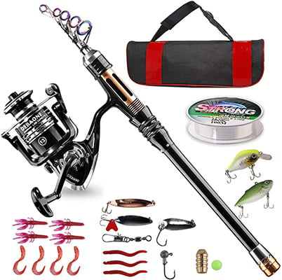 Fishing kit that includes fishing rod and spinning reel, line, different lures, and a black bag with red highlights