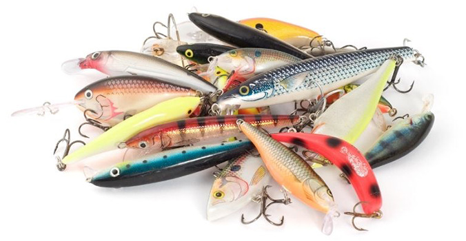fishing lures in different colors and sizes