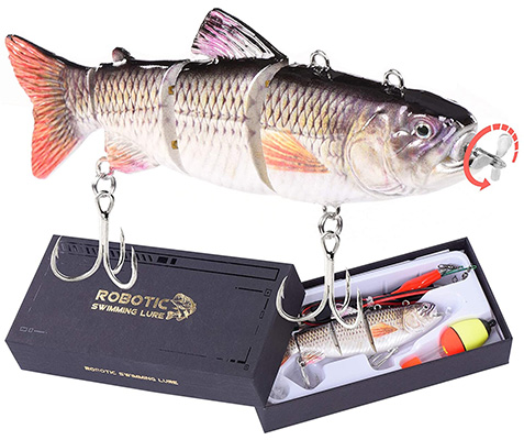 Robotic Fishing Lure in a black box; the metal Shad has 3D eyes, a multi-section design, a propeller in the mouth, two hooks