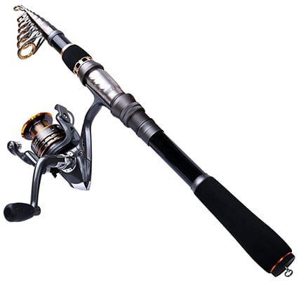 PLUSINNO Telescopic Fishing Rod and Reel Combo with stainless steel frame, graphite black construction, and anti-skid grip
