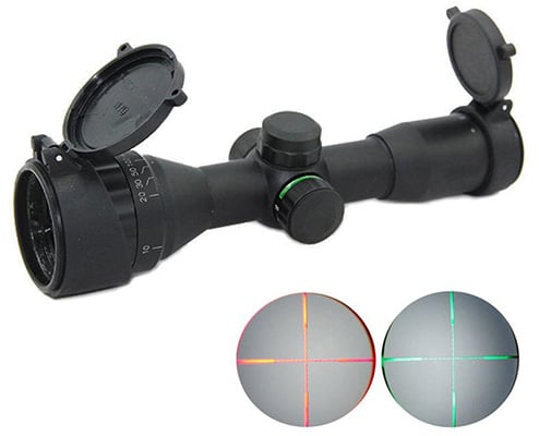 Mil Dot Riflescope in all black with green highlight on the knob, eyepiece covers, and two illustrations of reticles