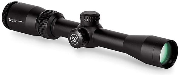 Vortex Optics Crossfire II made from aircraft-grade aluminum, with low-glare matte black coat and capped turrets