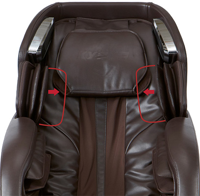 Kyota M673 Kenko Massage Chair brown variant and red arrows pointing from the airbags on the upper arms