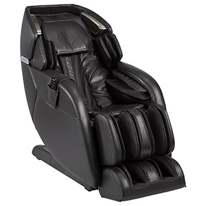 Kyota M673 Kenko Massage Chair with black PU upholstery, black exterior, and a pouch for the remote on one arm