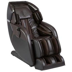 Kyota M673 Kenko Massage Chair with dark brown PU upholstery, dark brown & black exterior, and a pouch for the remote
