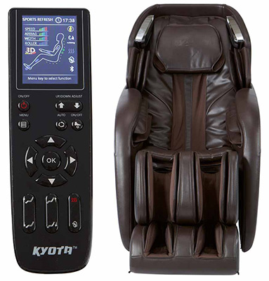 Kyota Kenko M673 brown variant and its remote control with a small LCD screen and buttons