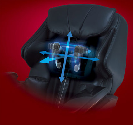MAJ7 Massage Chair black variant and an illustration of its massage rollers with blue arrows pointing to different directions