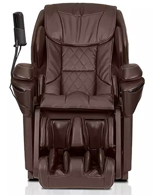 Panasonic MAJ7 Massage Chair with chocolate brown PU upholstery and a wired remote mounted to one arm