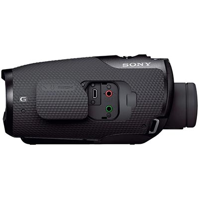 Sony Dev 50 Binoculars with a flip-up cover on one side for the Micro-HDMI output and two mini-stereo jacks 