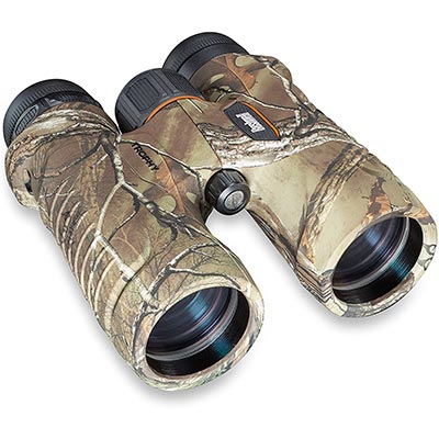 Bushnell 334211 Trophy Binocular Realtree Xtra 10x42mm with brown camo rubber armor and large center focus knob