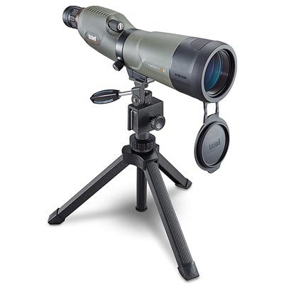 Bushnell Trophy Xtreme Spotting Scope with army green rubber armor, black tripod, and mount