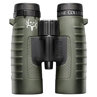 Bushnell Trophy Roof Binoculars with army green rubber armor, large center focus knob, & "Bone Collector" under one eyecup