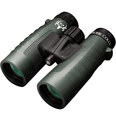 Bushnell Trophy Roof Binoculars with army green rubber armor, large center focus knob, and ergonomic grips