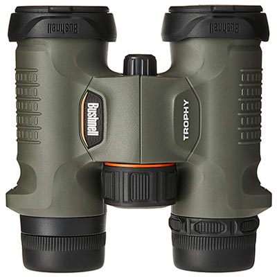 Bushnell Trophy Binoculars 8x32 with army green rubber armor, large center focus knob, & ergonomic grip on the sides
