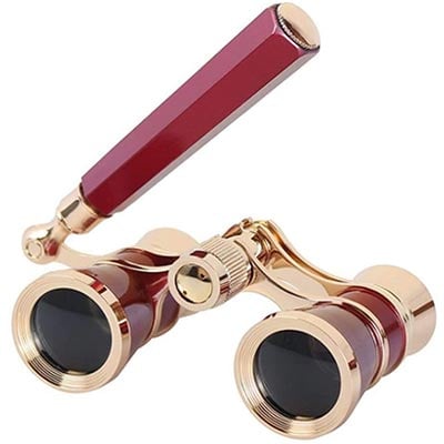 Aroncent Opera Glasses with glossy red and gold finish, central focus wheel, and adjustable handle