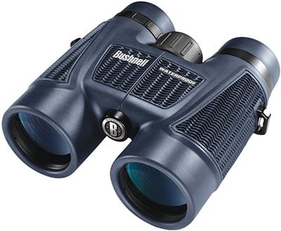 Bushnell H2O binoculars with dark blue non-slip rubber armor, soft texture grip, and large center focus knob