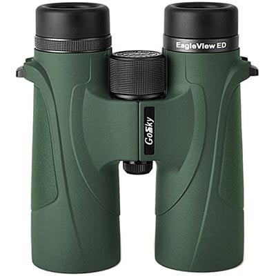 GoSky EagleView binoculars with army green rubber armor, easy-grip surfaces and focus wheel, and twist-down eyecups