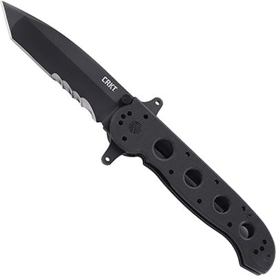 CRKT Folding Pocket Knife with non-reflective tactical black blade, frame, and handle, plus serrations and friction grooves