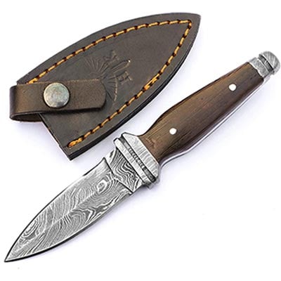 Hometown Knives dagger with wooden handle, brass pin, and Damascus Steel blade, plus genuine leather sheath
