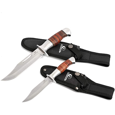 2 pcs. Mossy Oak Bowie knives, one large and one small clip point knife, grooves in leather handles, and nylon sheaths
