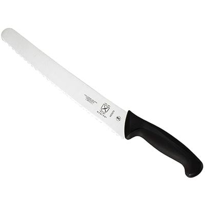 Mercer Culinary Millennia Bread Knife with ergonomic handle, textured finger points, and one-piece Japanese steel
