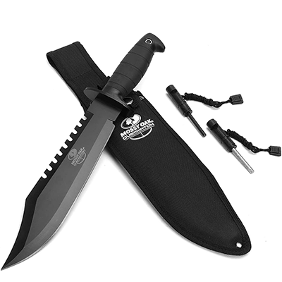 Mossy Oak hunting knife with a 10-inch blade, clip point, saw back, rubber handle, nylon sheath, fire starter, and sharpener
