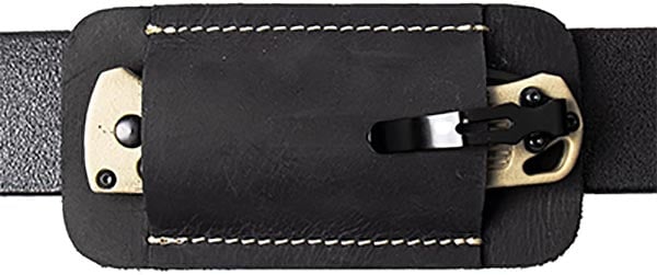 Topstache Knife Sheath in black leather with a pocket knife clipped inside and belt loop