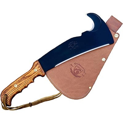 Woodman's Pal 2.0 axe machete with ash wood handle, matte powder coat finish, and leather sheath