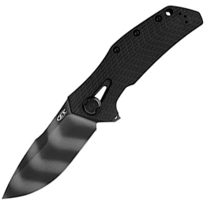 Zero Tolerance Drop Point Pocket Knife with 3.75-inch blade, black oxide finish with tiger stripes, and titanium handle