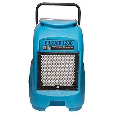 Dri-Eaz Drizair 1200 Dehumidifier with blue front, square grille in black, and black pull handle