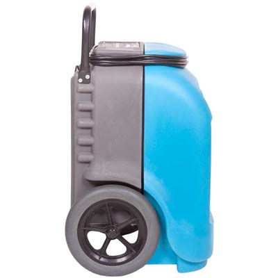 Dri-Eaz Drizair 1200 Dehumidifier with blue front, gray back, gray rear wheels, and pull handle