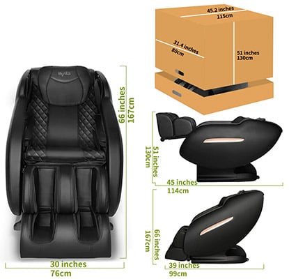 Mynta Massage Chair with black faux leather upholstery and its dimensions when  sitting upright and when fully reclined