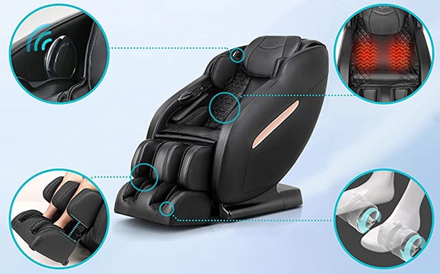 Mynta Massage Chair's features that include Bluetooth speakers, lumbar heat, foot rollers, and footwell extension