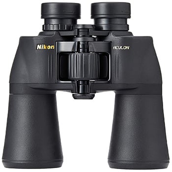 Nikon Aculon A211 10x50 with central focus knob, rubber eyecups, and brand name and model in gold