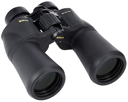 Nikon Aculon A211 10x50 with rubber-armored coating, non-slip grip, and multi-coated lenses